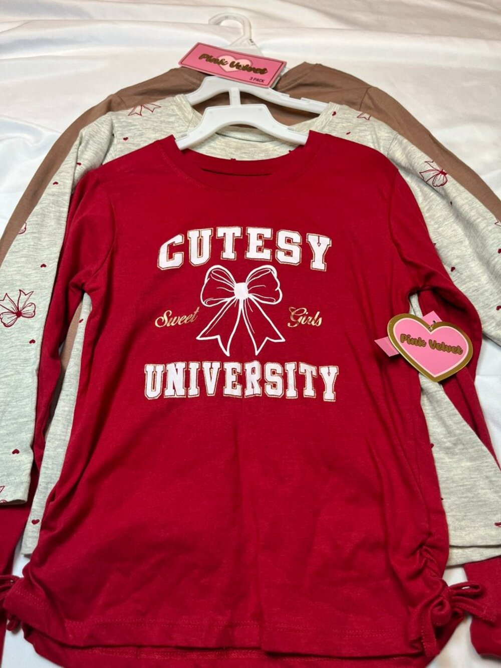 Girls Long Sleeve Shirt 3 Pack Cutesy University Bow Coquette Top-100% cotton